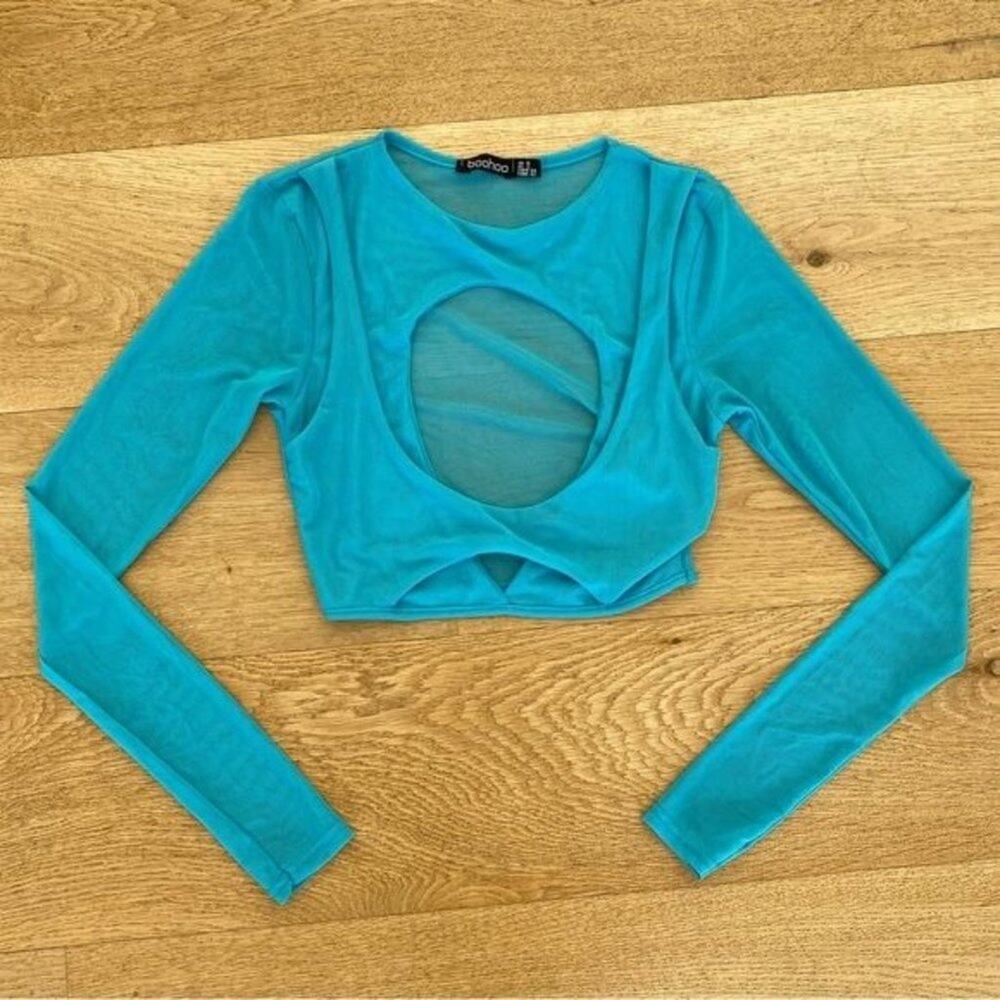 Boohoo Mesh Cut Out Long Sleeve Top in Turquoise